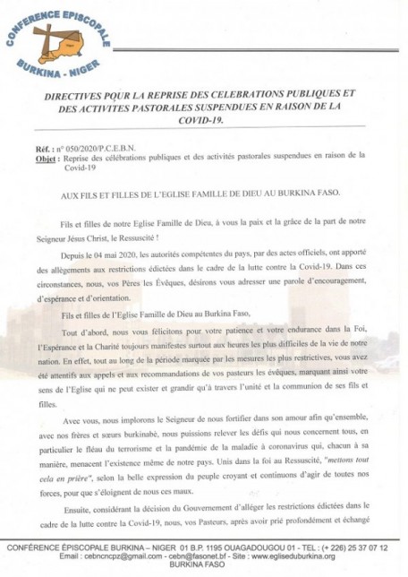 Reprise des célébrations publiques à partir du 20 mai 2020 Burkina-Niger