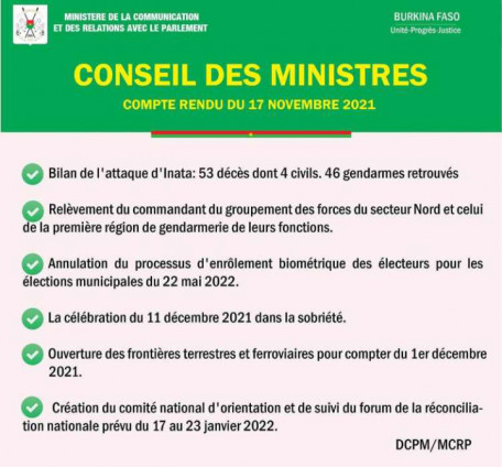 Compte rendu du conseil des ministres du mercredi 17 novembre 2021
